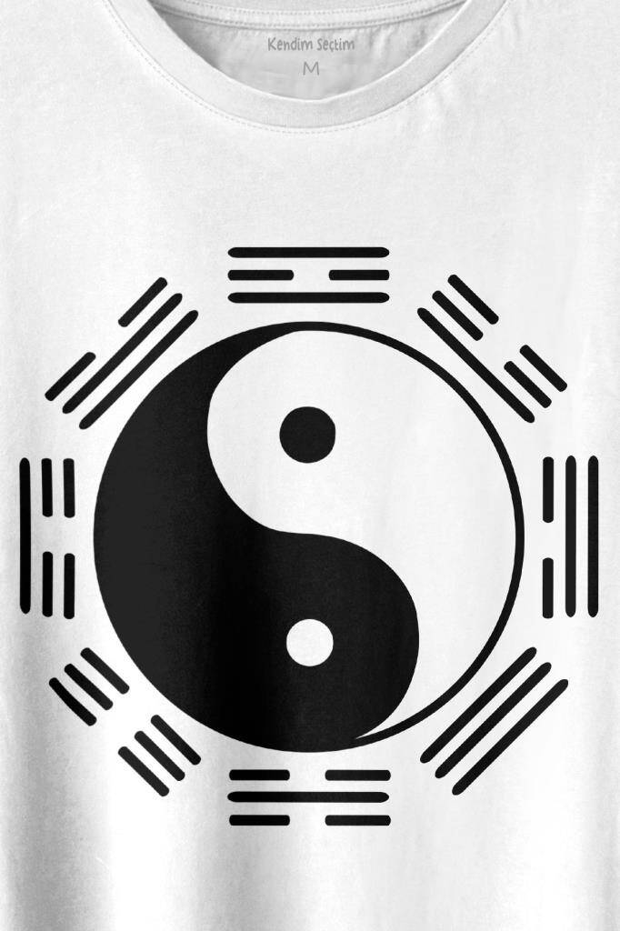 Siyah Ve Beyaz Ying Yang Sekiz Trigram Minimal Baskılı Tişört Unisex T-shirt (1)