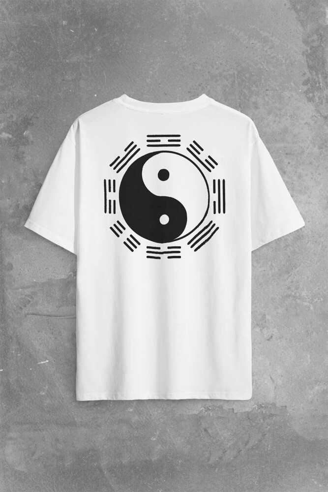 Siyah Ve Beyaz Ying Yang Sekiz Trigram Minimal Sırt Ön Baskılı Oversize Tişört Unisex T-Shirt