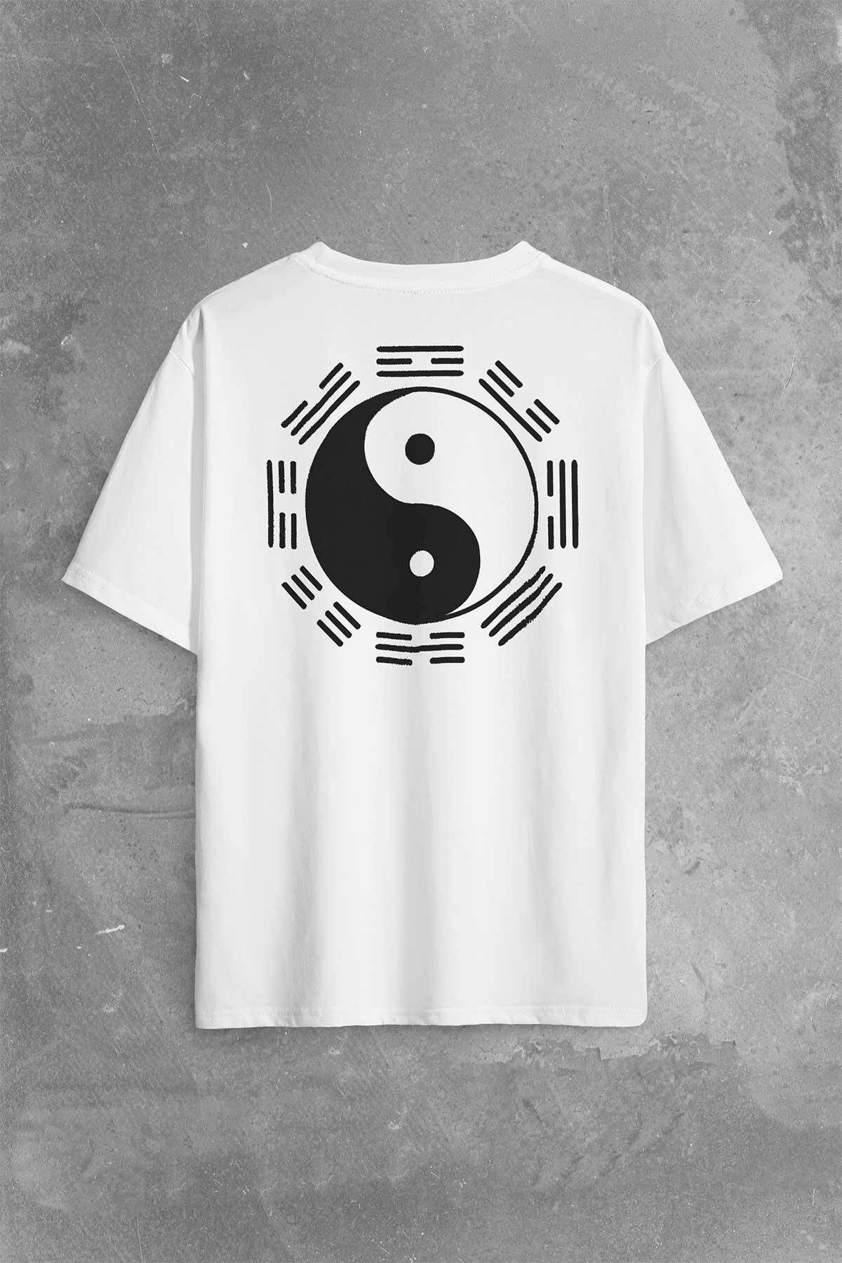 Siyah Ve Beyaz Ying Yang Sekiz Trigram Minimal Sırt Ön Baskılı Oversize Tişört Unisex T-Shirt