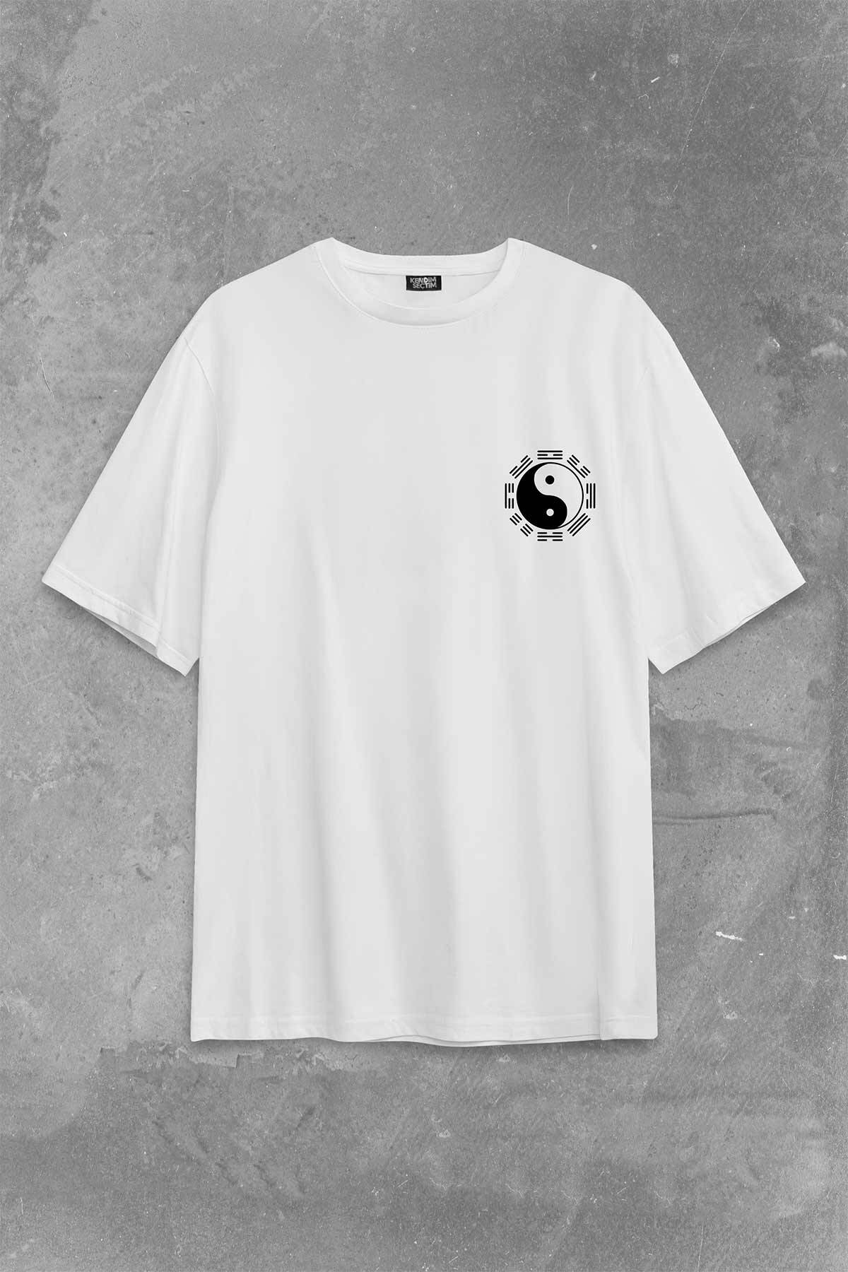 Siyah Ve Beyaz Ying Yang Sekiz Trigram Minimal Sırt Ön Baskılı Oversize Tişört Unisex T-Shirt (1)