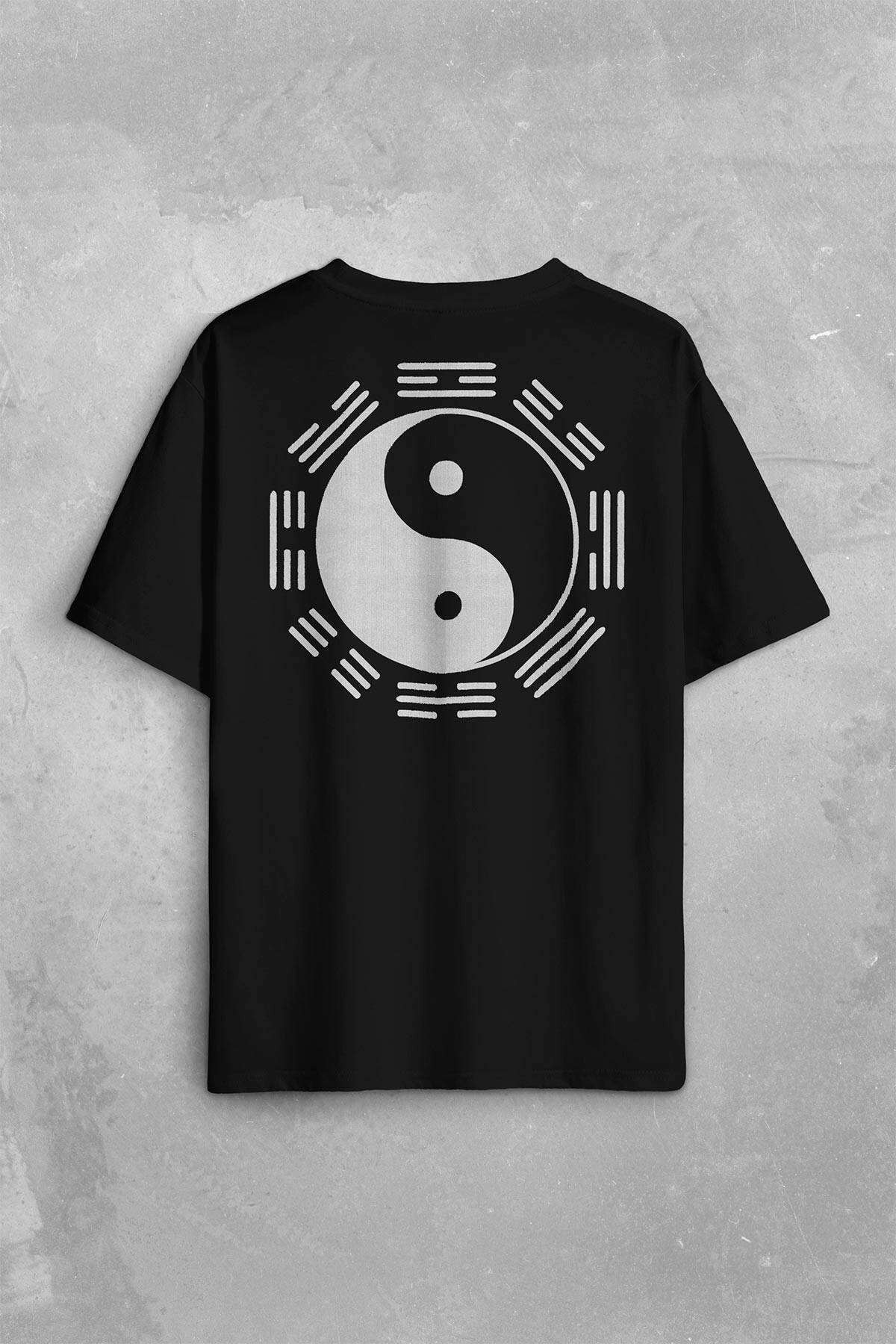 Siyah Ve Beyaz Ying Yang Sekiz Trigram Minimal Sırt Ön Baskılı Oversize Tişört Unisex T-Shirt