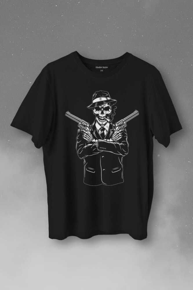 Skeleton Gangster Revolvers Suit Tabanca Baskılı Siyah Tişört Unisex