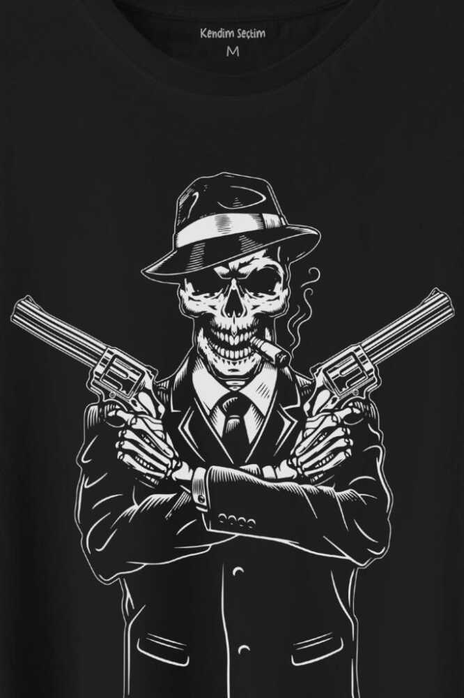 Skeleton Gangster Revolvers Suit Tabanca Baskılı Siyah Tişört Unisex (1)