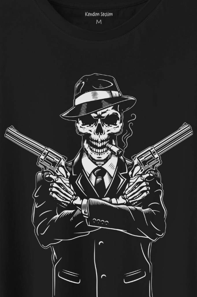 Skeleton Gangster Revolvers Suit Tabanca Baskılı Siyah Tişört Unisex - 2