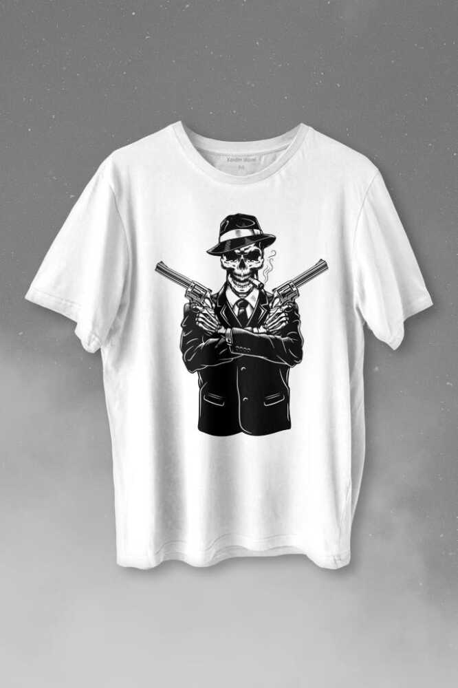 Skeleton Gangster Revolvers Suit Tabanca Baskılı Beyaz Tişört Unisex