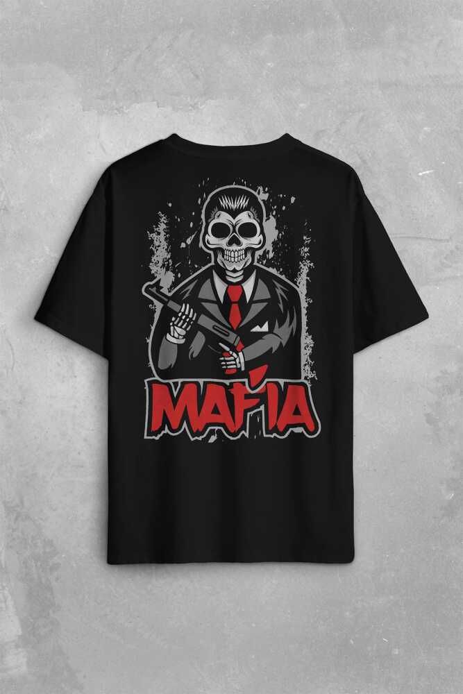 Skull Gangster Mafia Temalı Silahlı Adam Sırt Ön Baskılı Oversize Tişört Unisex