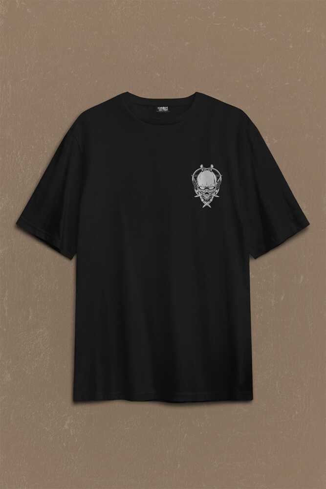 Skull Knife Illustration Kuru Kafa Bıçak Çakı Sırt Ön Baskılı Oversize Tişört Unisex