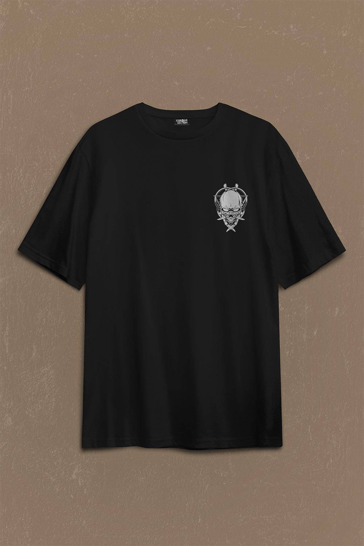 Skull Knife Illustration Kuru Kafa Bıçak Çakı Sırt Ön Baskılı Oversize Tişört Unisex