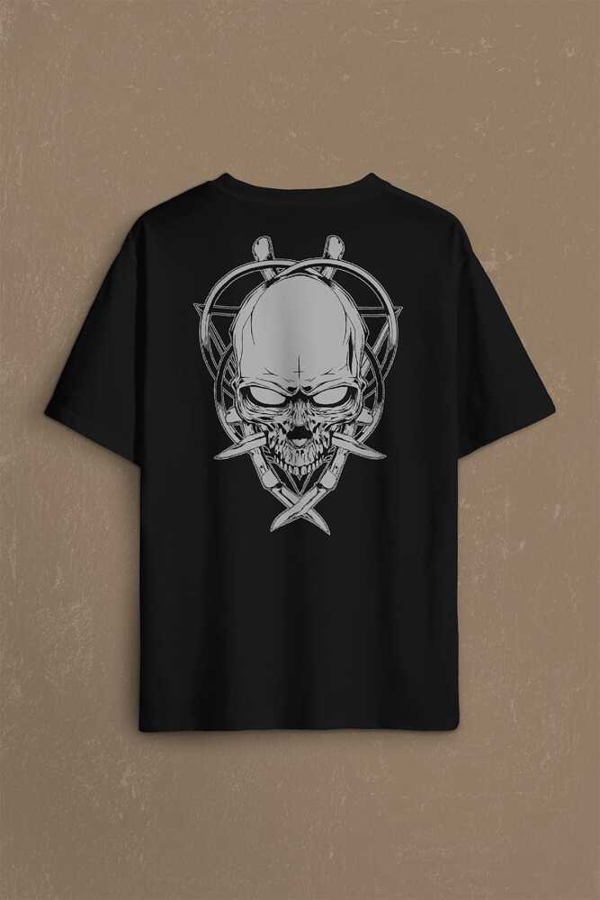 Skull Knife Illustration Kuru Kafa Bıçak Çakı Sırt Ön Baskılı Oversize Tişört Unisex (1)
