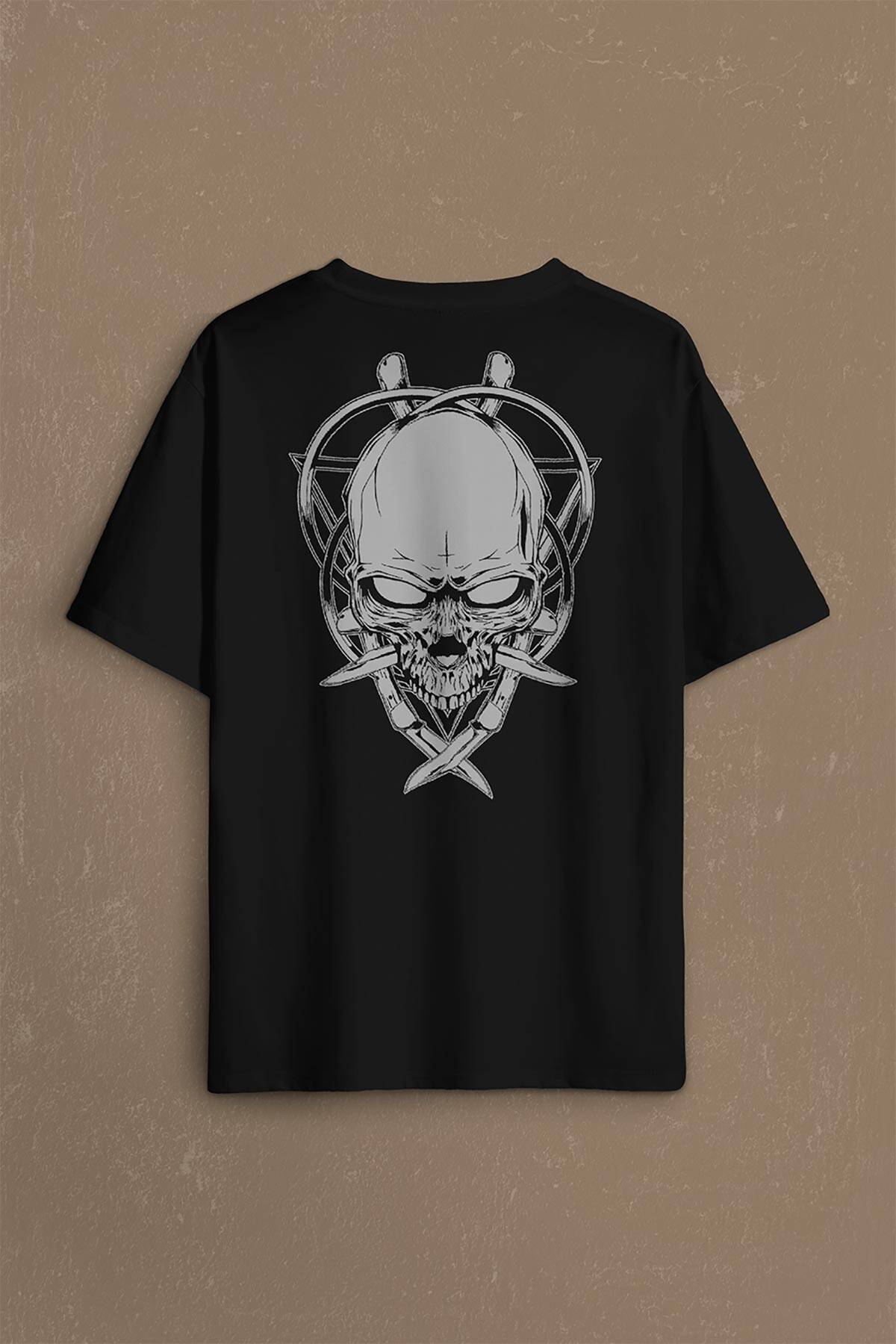 Skull Knife Illustration Kuru Kafa Bıçak Çakı Sırt Ön Baskılı Oversize Tişört Unisex (1)