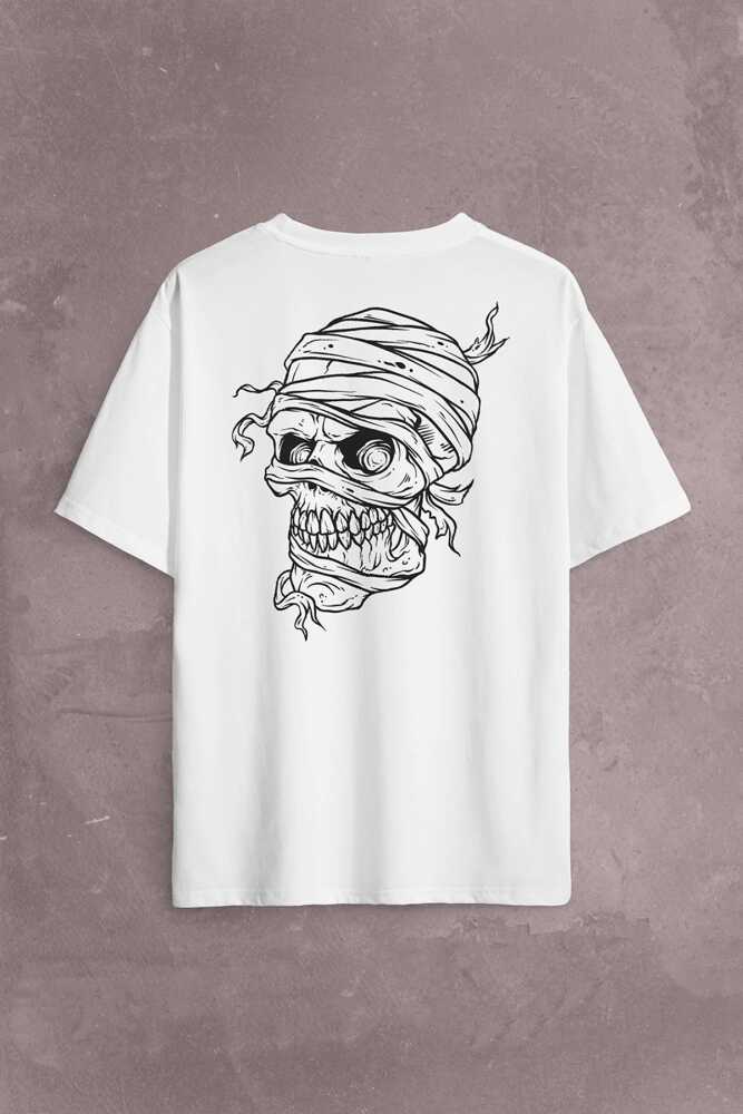 Skull Korsan Kuru Kafa Rock Mumya Sırt Ön Baskılı Beyaz Oversize Tişört Unisex (1)