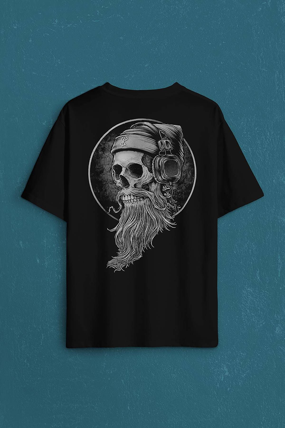 Skull Kuru Kafa Kulaklık Listen Music Baskılı Oversize Tişört Unisex