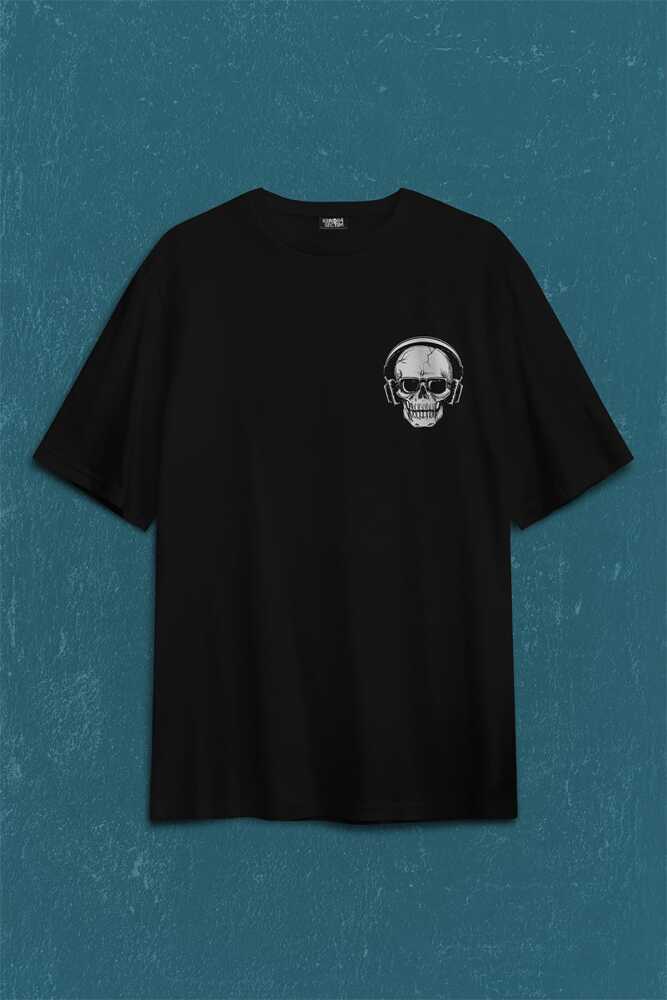 Skull Kuru Kafa Kulaklık Listen Music Baskılı Oversize Tişört Unisex T-Shirt (1)