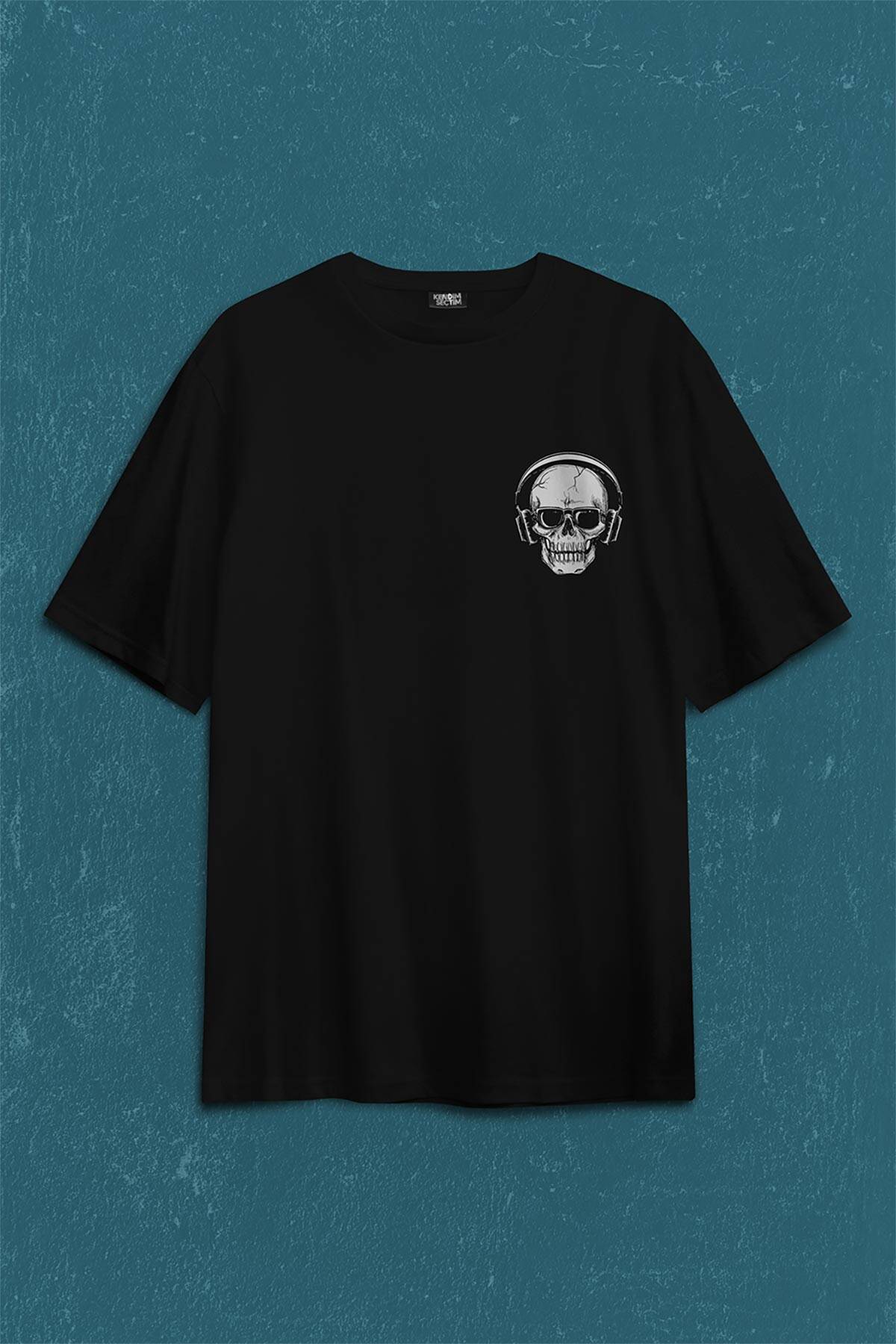 Skull Kuru Kafa Kulaklık Listen Music Baskılı Oversize Tişört Unisex (1)
