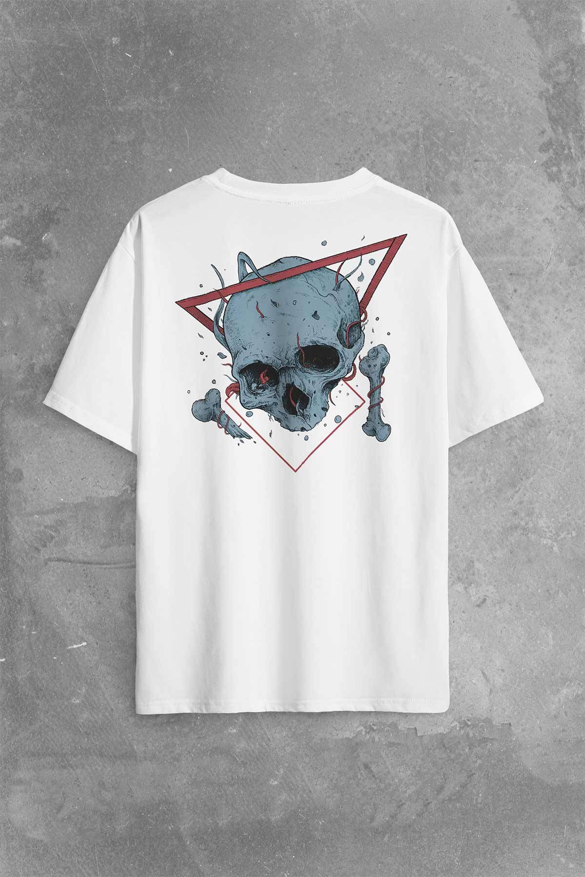 Skull Kuru Kafa Urban Street Culture Minimal Sırt Ön Baskılı Beyaz Oversize Tişört Unisex