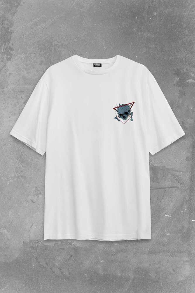 Skull Kuru Kafa Urban Street Culture Minimal Sırt Ön Baskılı Beyaz Oversize Tişört Unisex (1)