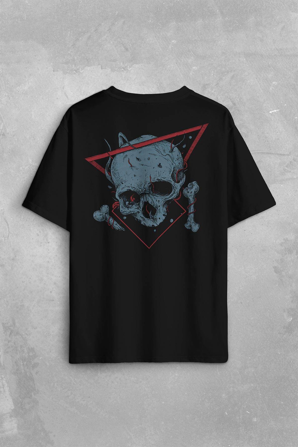 Skull Kuru Kafa Urban Street Culture Minimal Sırt Ön Baskılı Siyah Oversize Tişört Unisex