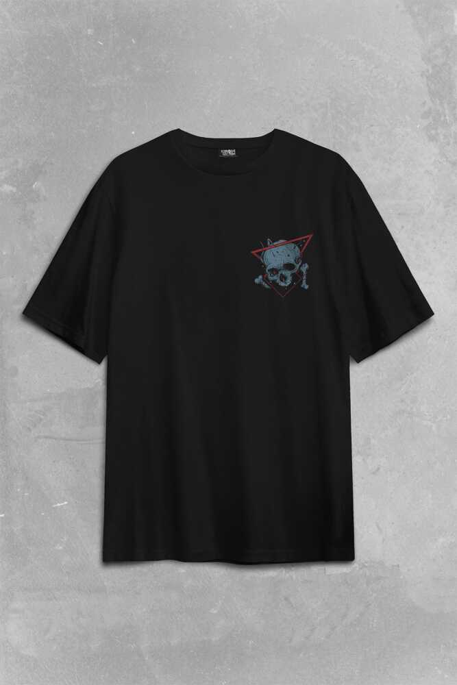 Skull Kuru Kafa Urban Street Culture Minimal Sırt Ön Baskılı Siyah Oversize Tişört Unisex (1)