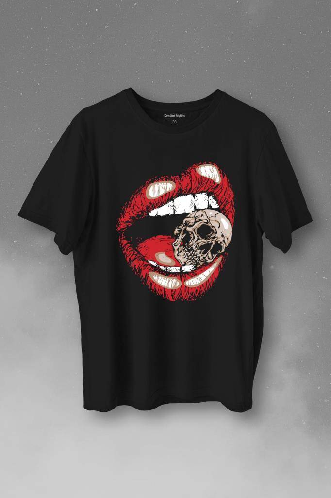 Skull Kuru Kafa Vampir Dudak Kadın Dudağı Baskılı Siyah Tişört Unisex