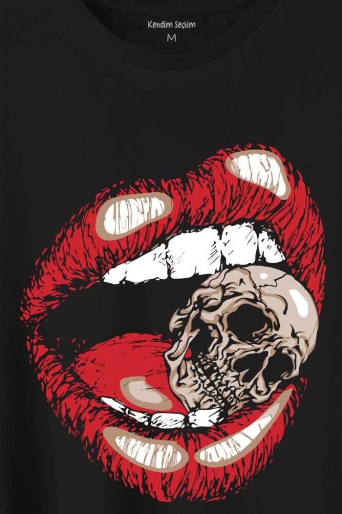 Skull Kuru Kafa Vampir Dudak Kadın Dudağı Baskılı Siyah Tişört Unisex (1)