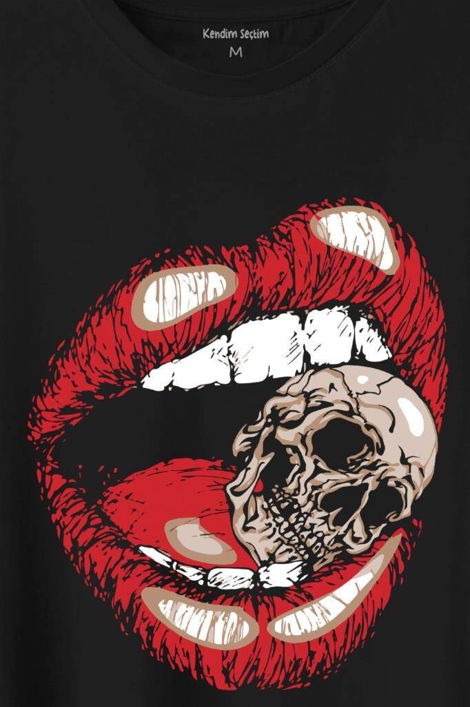Skull Kuru Kafa Vampir Dudak Kadın Dudağı Baskılı Siyah Tişört Unisex (1)