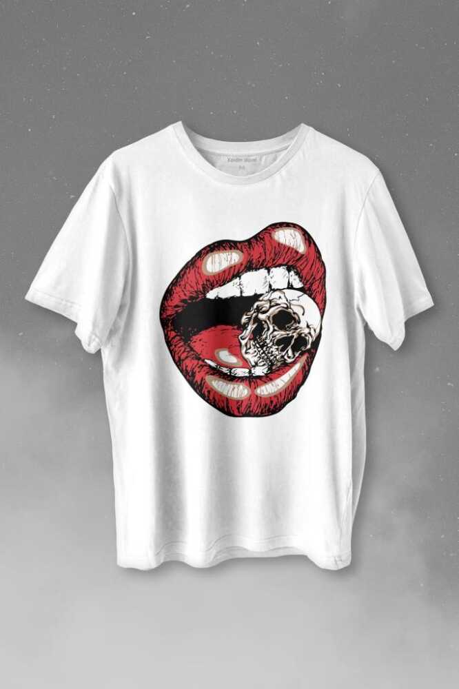 Skull Kuru Kafa Vampir Dudak Kadın Dudağı Baskılı Beyaz Tişört Unisex