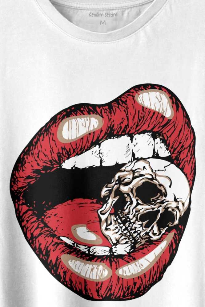 Skull Kuru Kafa Vampir Dudak Kadın Dudağı Baskılı Beyaz Tişört Unisex (1)