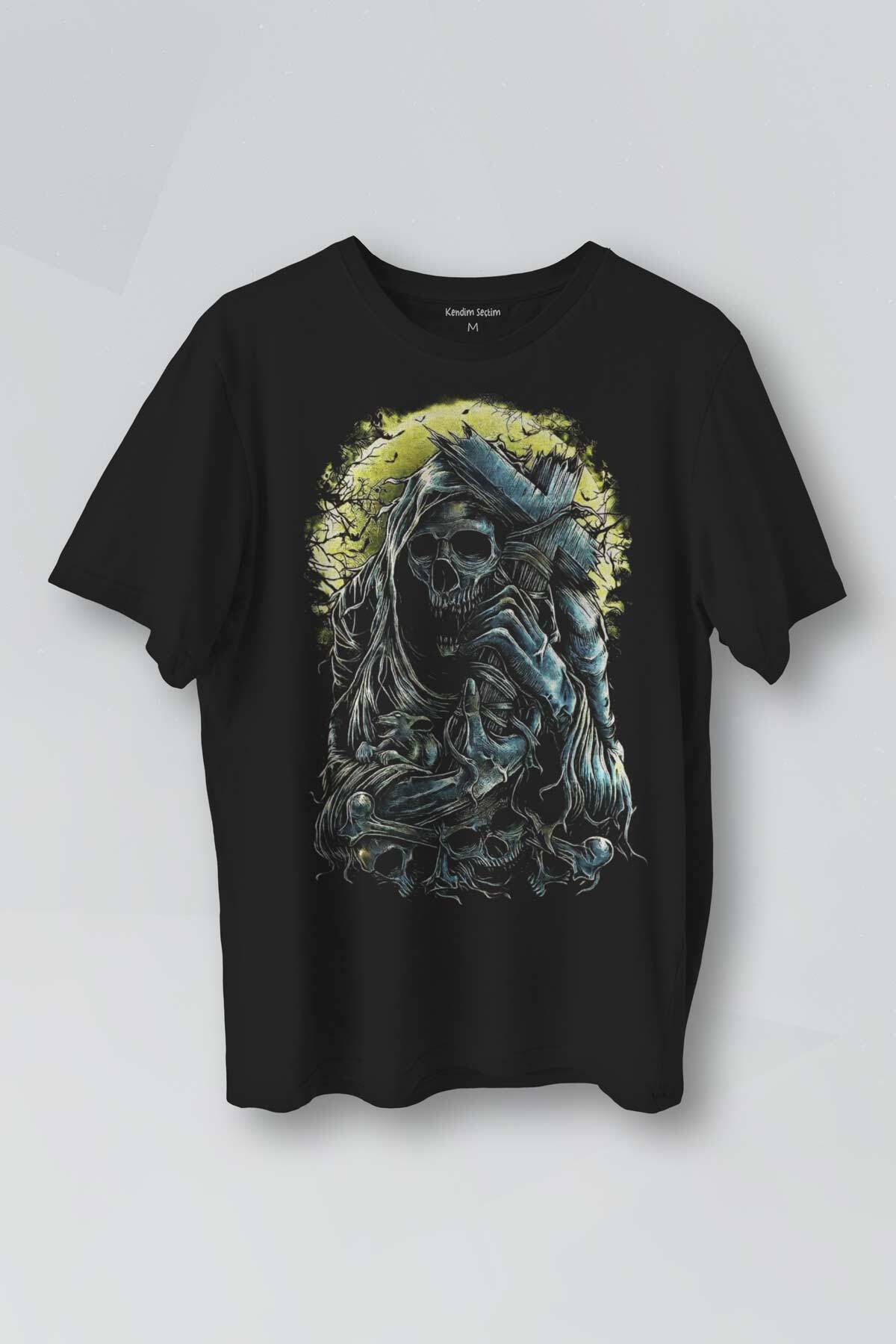 Skull Tasarım Oldschool Kafatası Gothic Devil Baskılı Unisex Tişört - 1