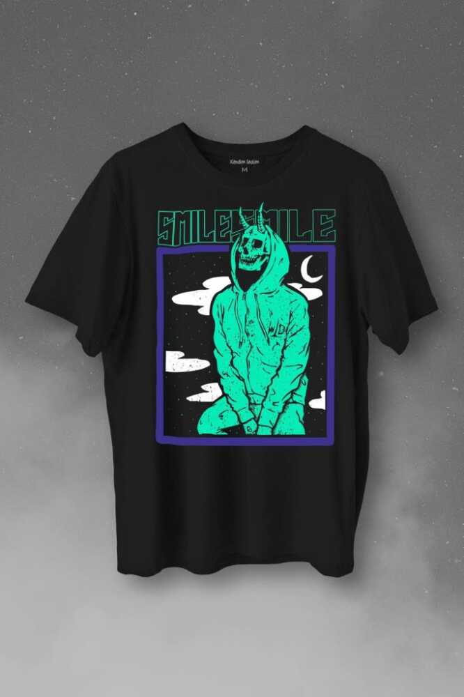Smile Skull Urban Wear Street Culture Kuru Kafa Y2K Baskılı Tişört Unisex