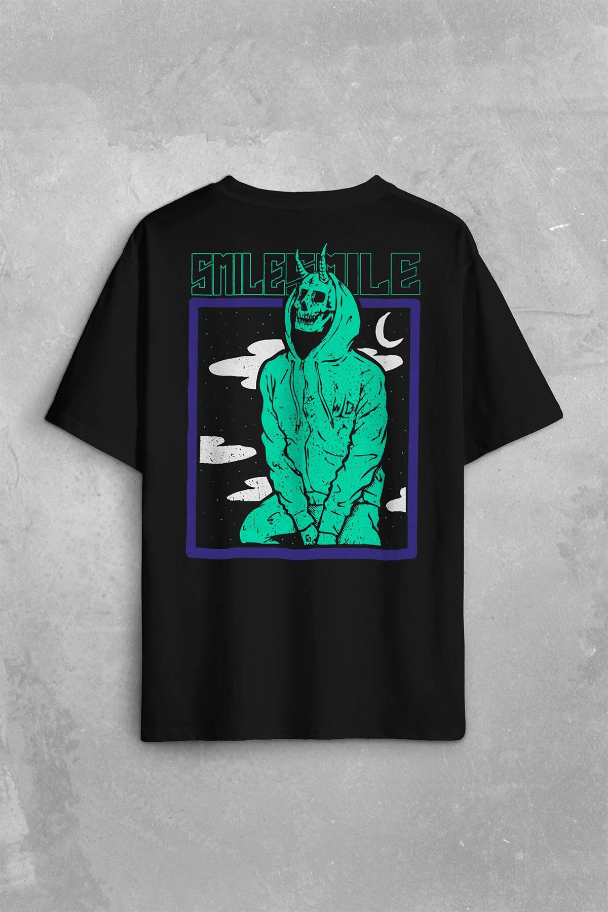 Smile Skull Urban Wear Street Culture Kuru Kafa Y2K Sırt Ön Baskılı Oversize Tişört Unisex
