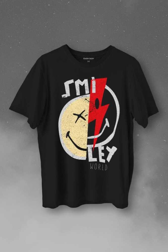 Smile World Urban Street Culture Gülen Surat Baskılı Siyah Tişört Unisex