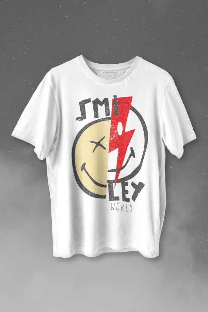 Smile World Urban Street Culture Gülen Surat Baskılı Beyaz Tişört Unisex