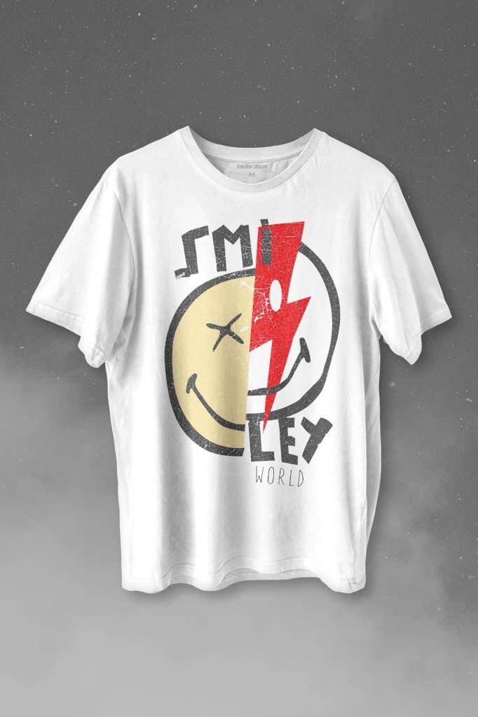 Smile World Urban Street Culture Gülen Surat Baskılı Beyaz Tişört Unisex