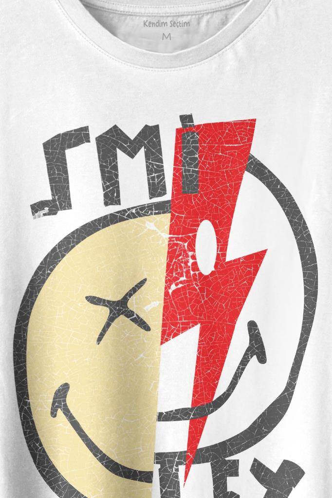 Smile World Urban Street Culture Gülen Surat Baskılı Beyaz Tişört Unisex (1)