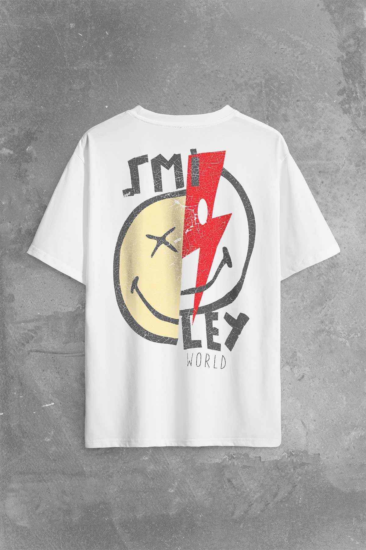 Smile World Urban Street Culture Gülen Surat Sırt Ön Baskılı Beyaz Oversize Tişört Unisex