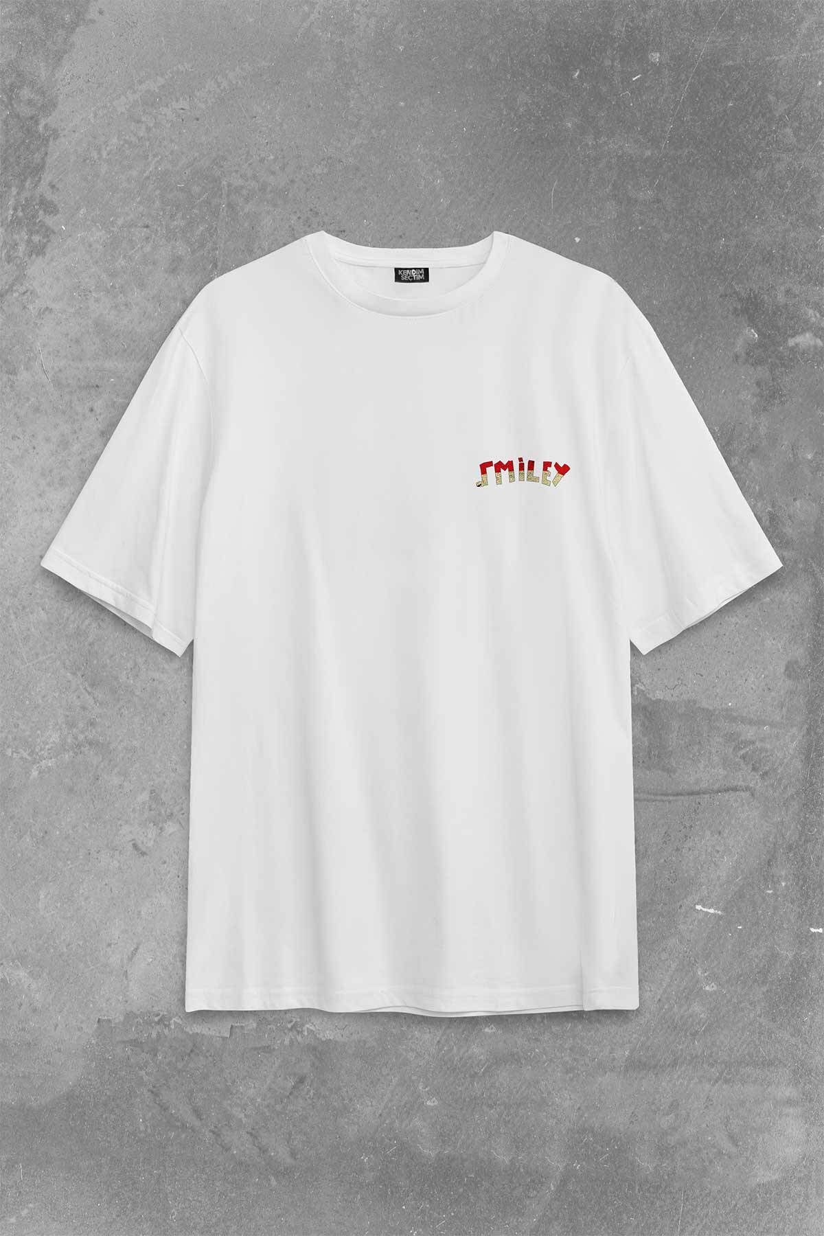 Smile World Urban Street Culture Gülen Surat Sırt Ön Baskılı Beyaz Oversize Tişört Unisex (1)