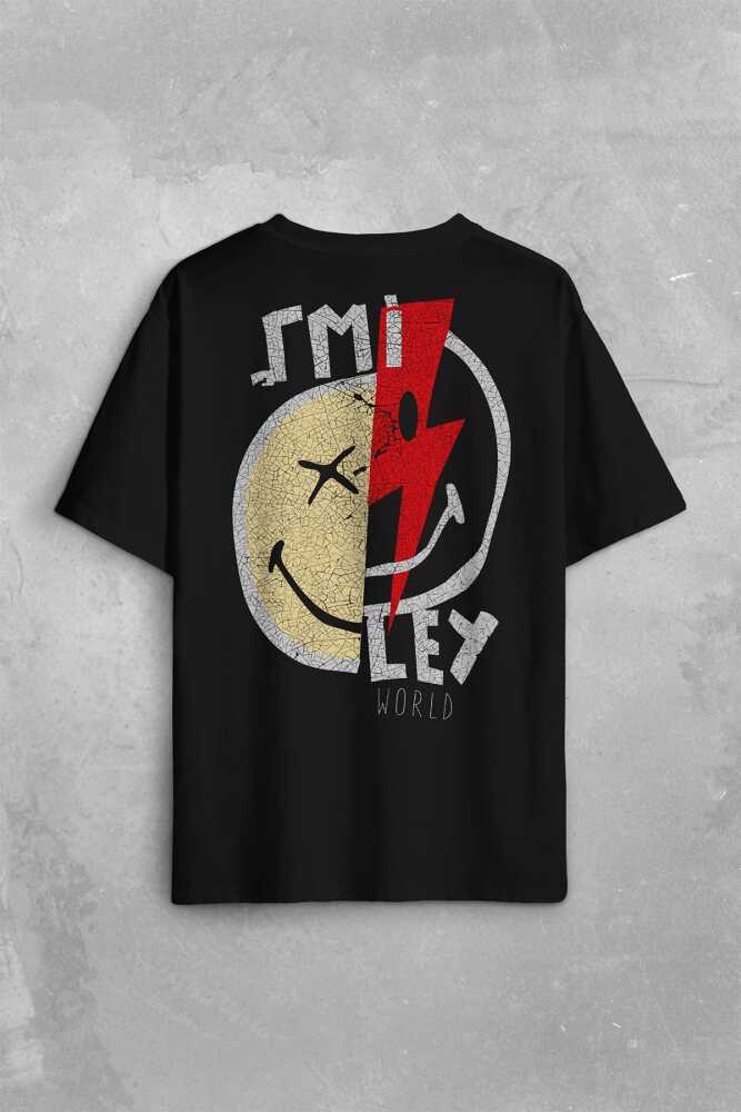 Smile World Urban Street Culture Gülen Surat Sırt Ön Baskılı Siyah Oversize Tişört Unisex