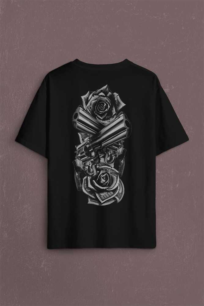 Smith Wesson Revolver Guns Tabanca Gül Beyaz Sırt Ön Baskılı Oversize Tişört Unisex (1)