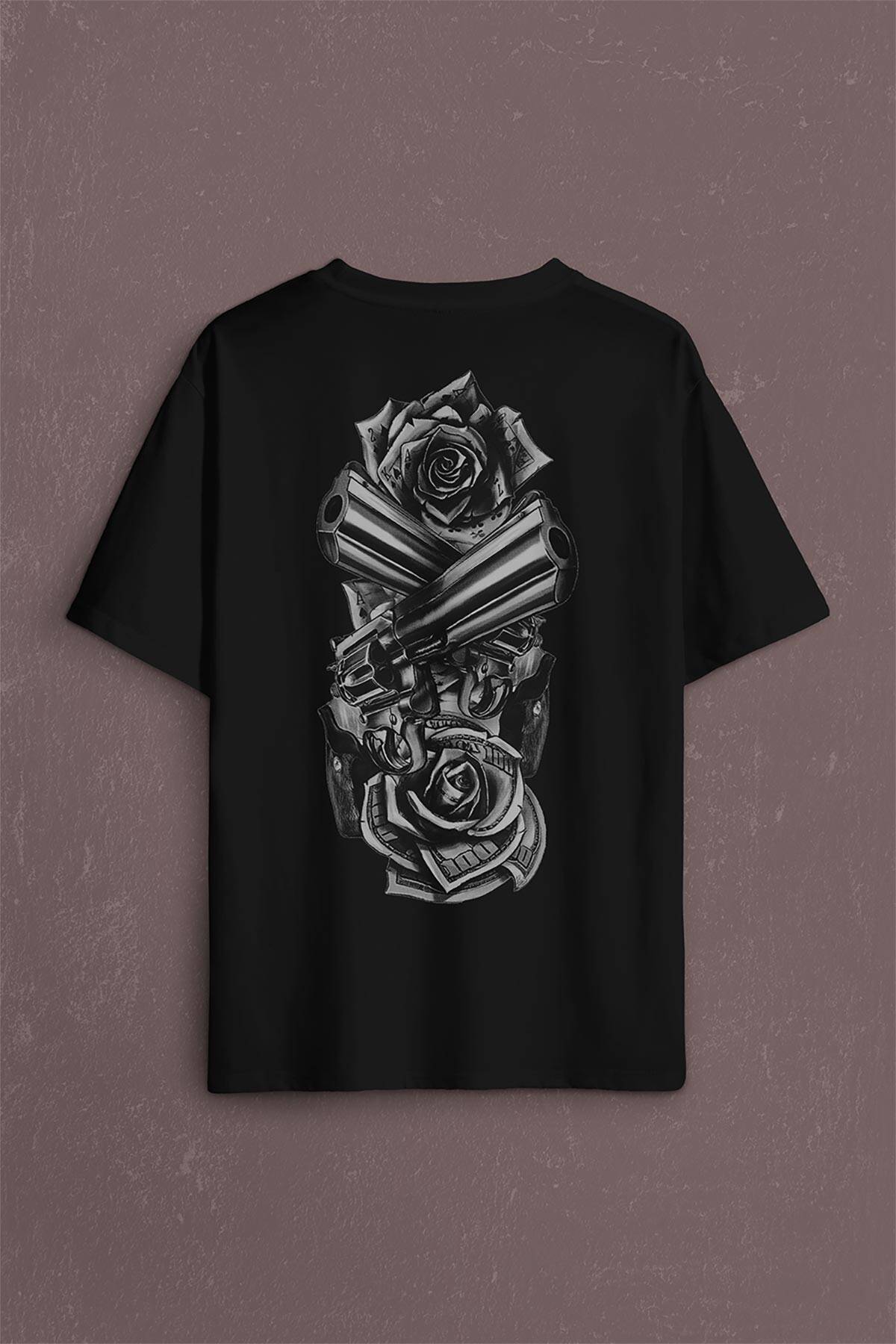 Smith Wesson Revolver Guns Tabanca Gül Beyaz Sırt Ön Baskılı Oversize Tişört Unisex (1)