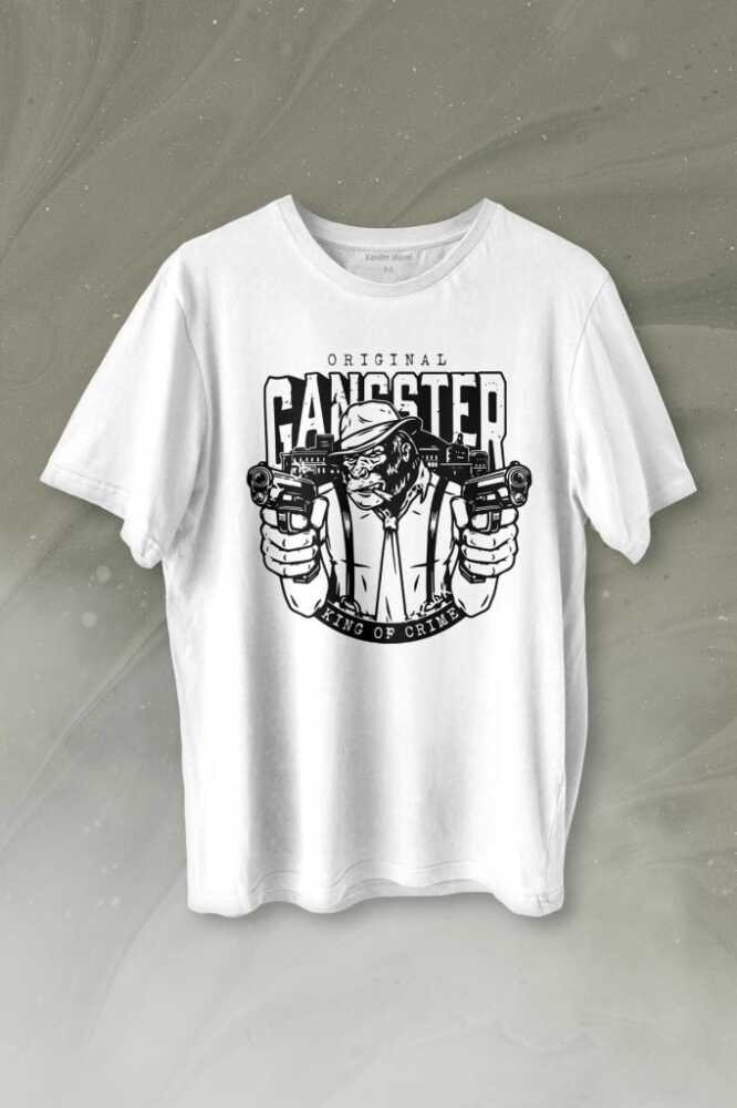 Smoking Gorilla Sigara İçen Katil Maymun Gangster Mafya Baskılı Beyaz Tişört Unisex