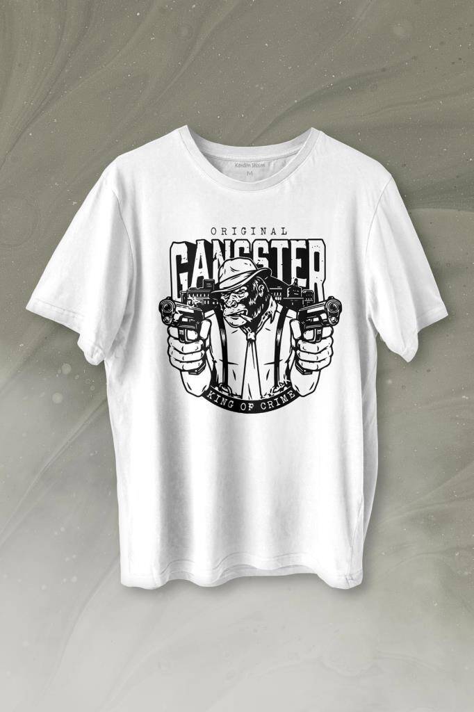 Smoking Gorilla Sigara İçen Katil Maymun Gangster Mafya Baskılı Beyaz Tişört Unisex