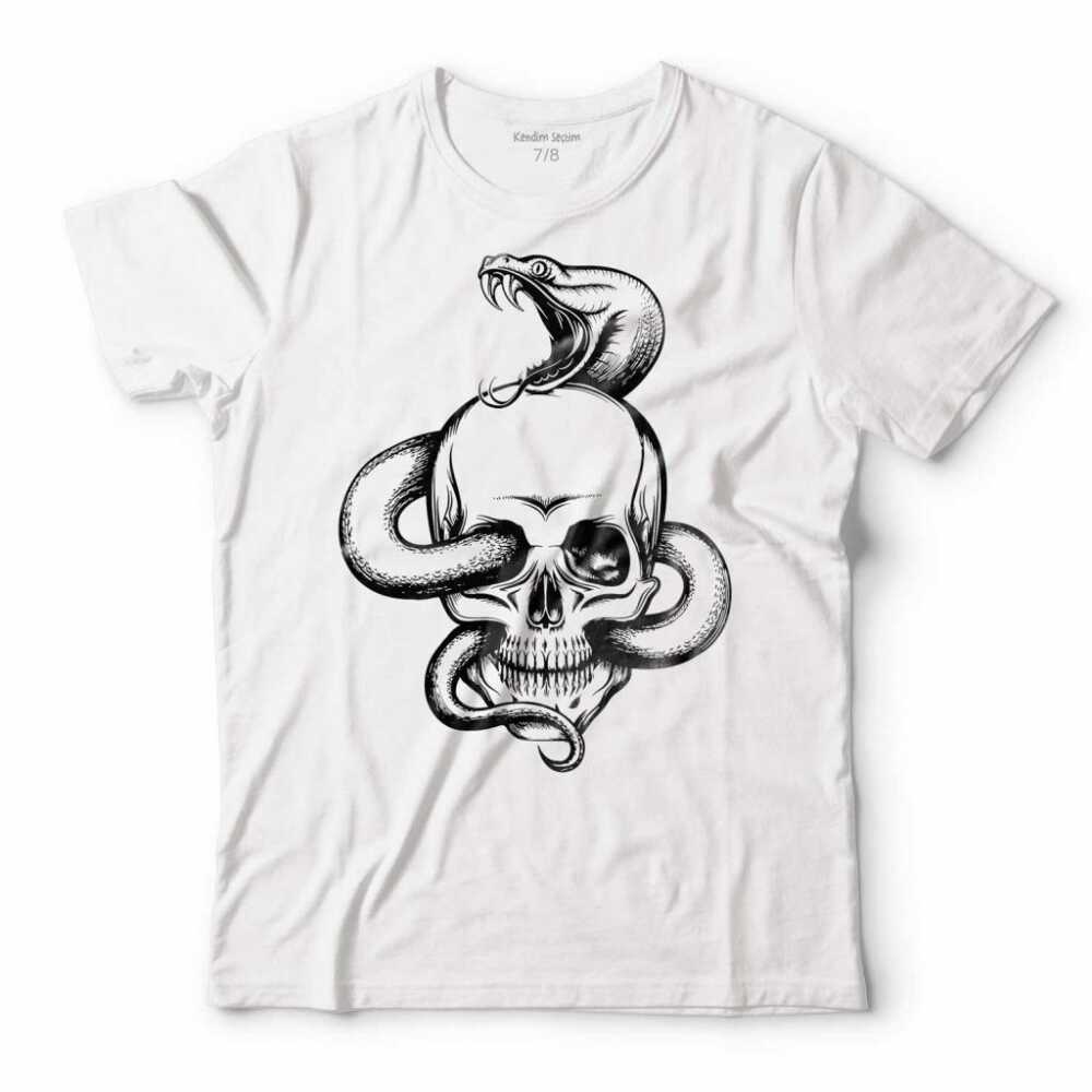 Snake And Skull Kuru Kafa Kobra Yılan Skeleton Erkek Tişört