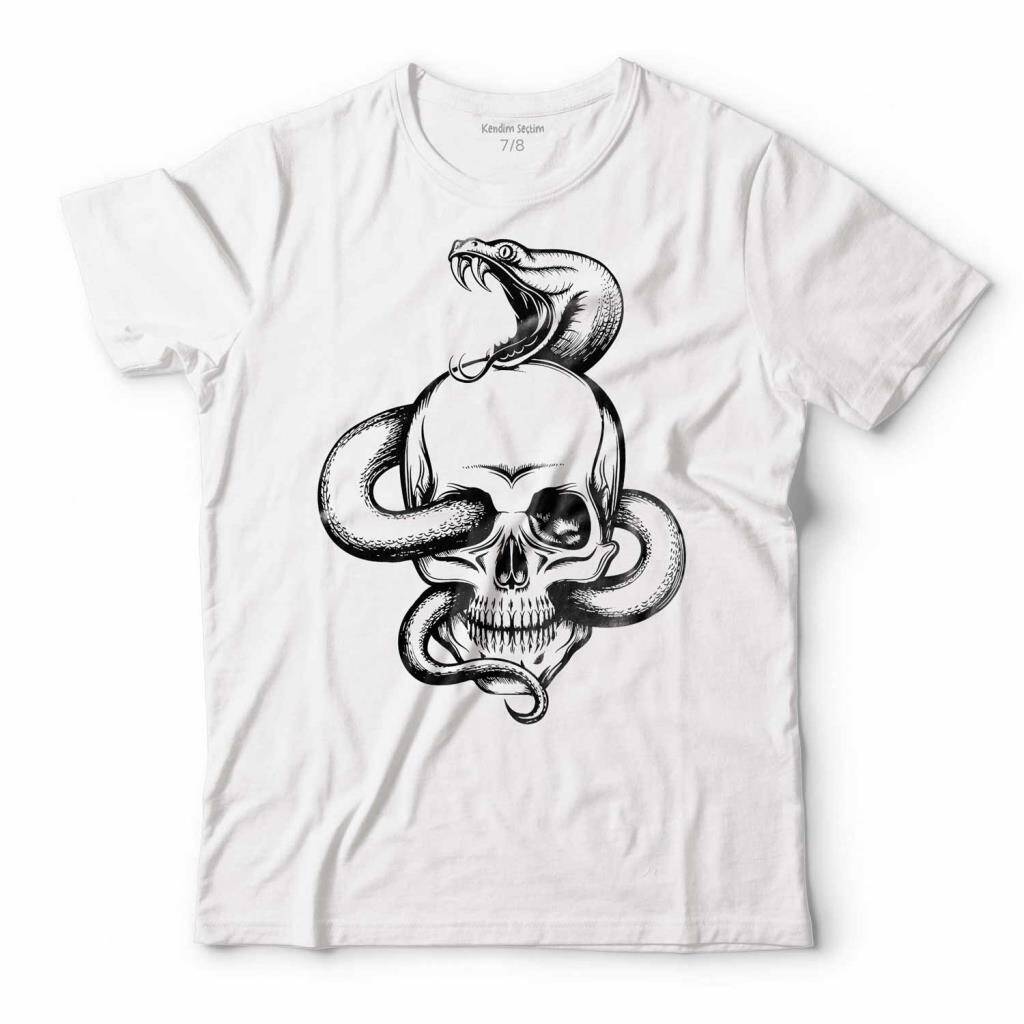 Snake And Skull Kuru Kafa Kobra Yılan Skeleton Erkek Tişört