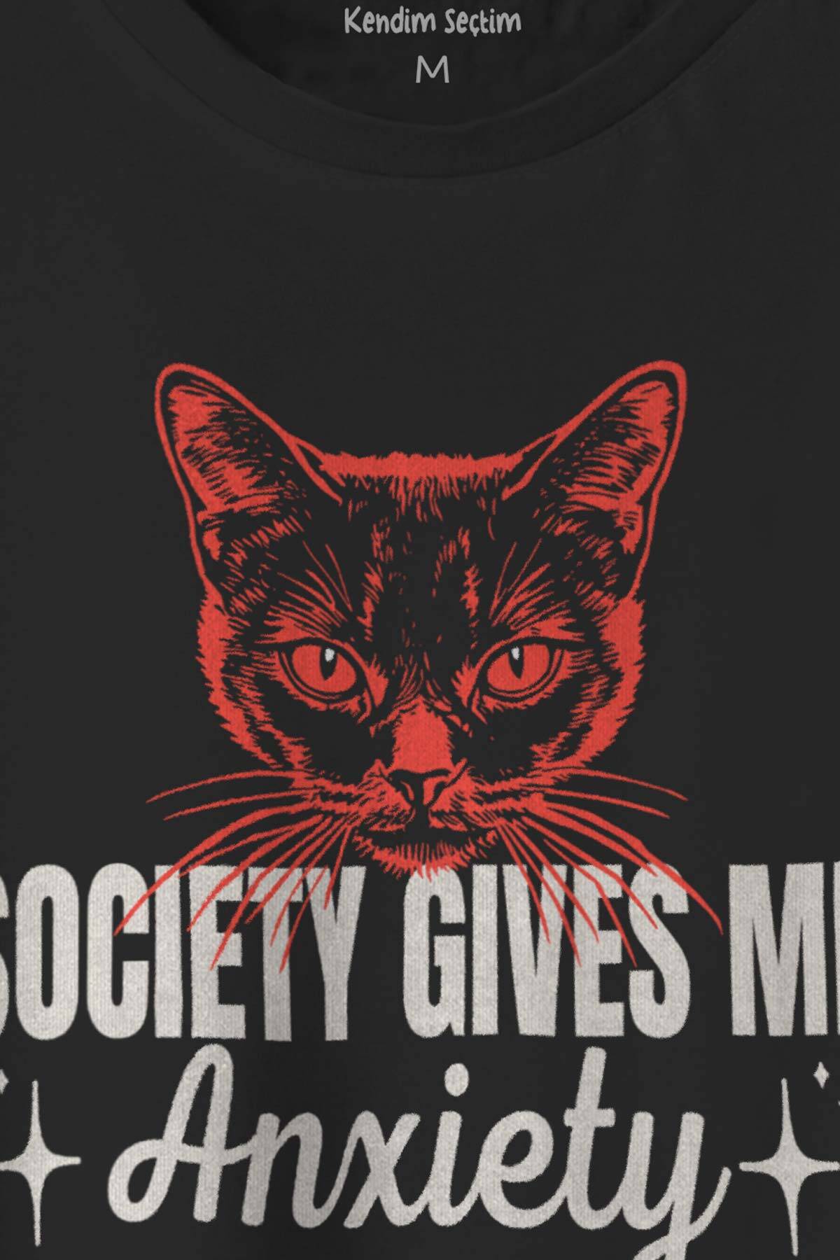 Society Gives Me Anxiety Sosyal Anksiyete Kedi Cat Baskılı Siyah Tişört Unisex (1)