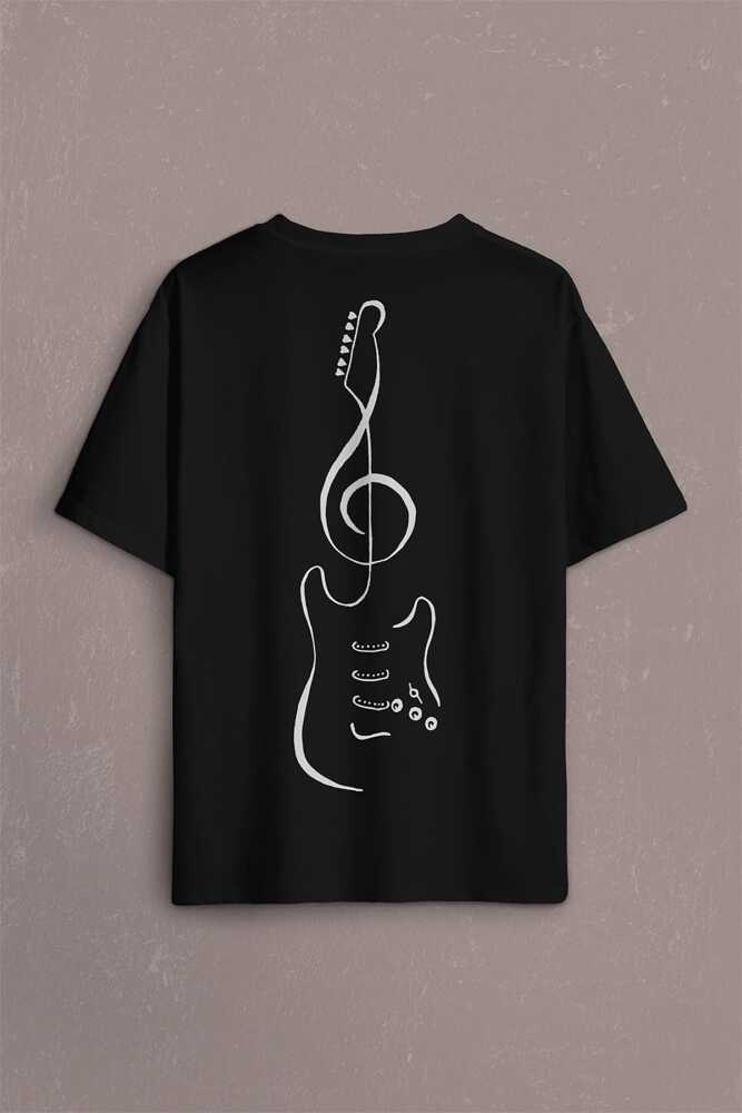Sol Anahtarı Elektro Gitar Müzik Nota Metallica Sırt Ön Baskılı Oversize Tişört Unisex T-Shirt (1)