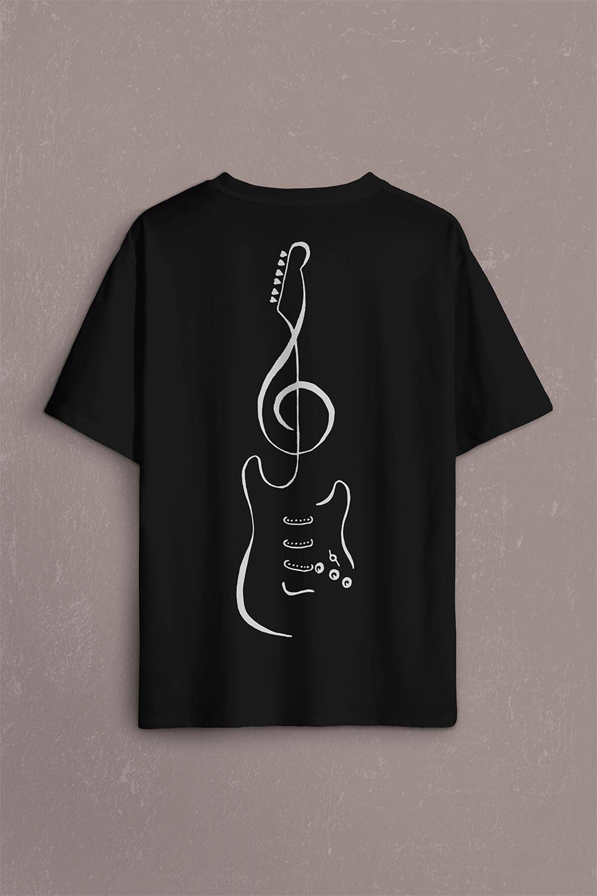 Sol Anahtarı Elektro Gitar Müzik Nota Sırt Ön Baskılı Oversize Tişört Unisex (1)