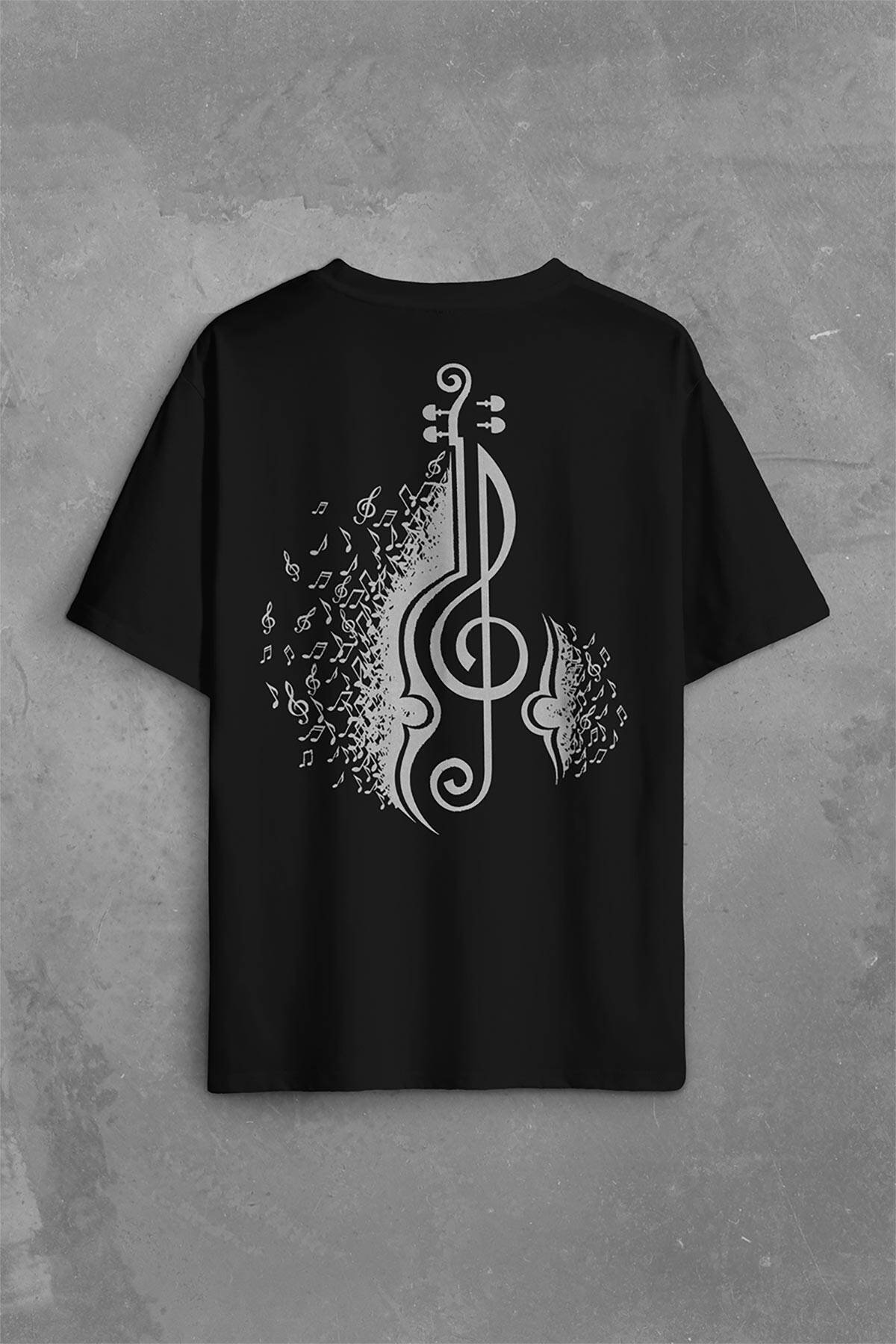 Sol Anahtarı Gitar Guitar Saz Rock Caz Müzik Sırt Ön Baskılı Siyah Oversize Tişört Unisex (1)