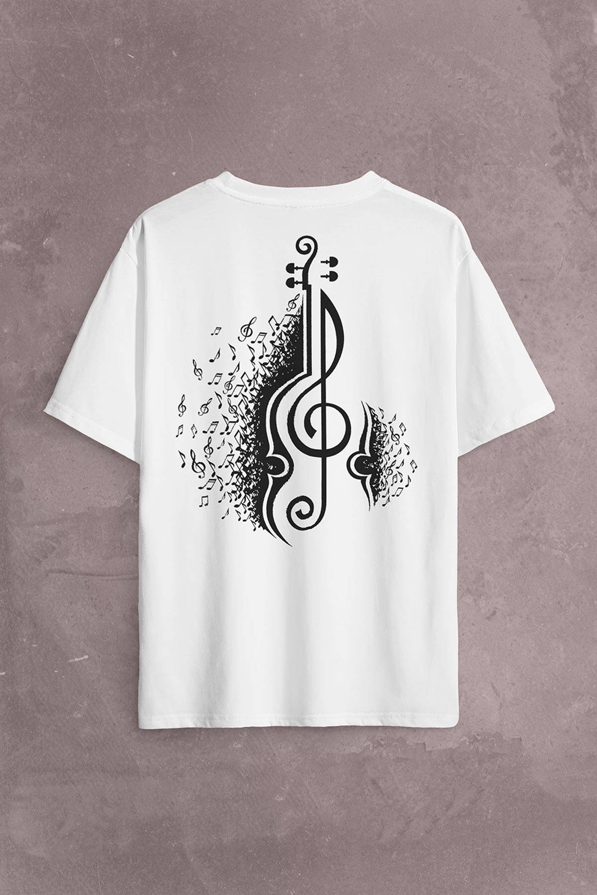 Sol Anahtarı Gitar Guitar Saz Rock Caz Müzik Sırt Ön Baskılı Beyaz Oversize Tişört Unisex - 2