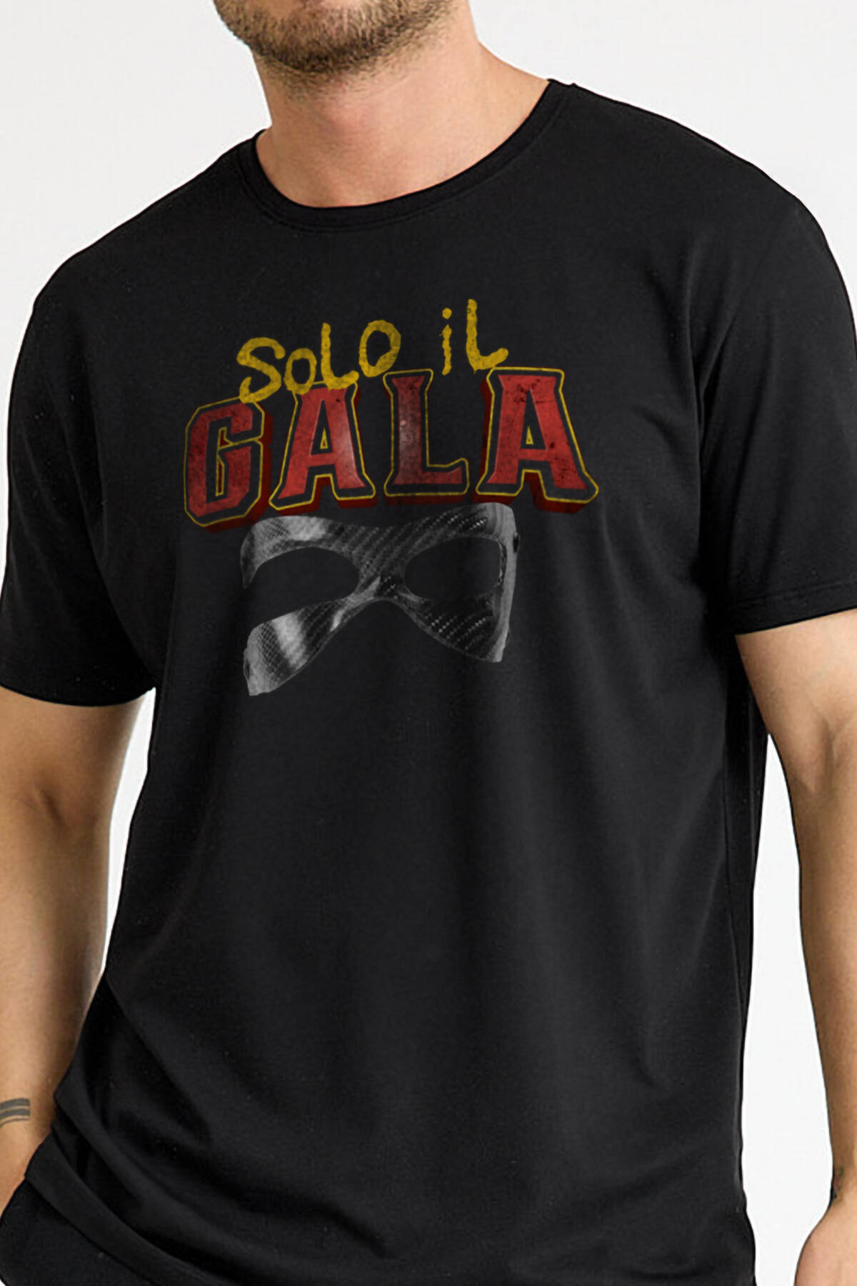 Solo il Gala Sadece Sarı Kırmızı Maske Baskılı Siyah Tişört