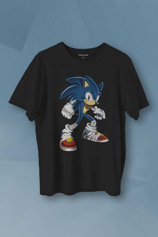 Sonic The Hedgehog Boom Cartoon Baskılı Siyah Unisex Tişört